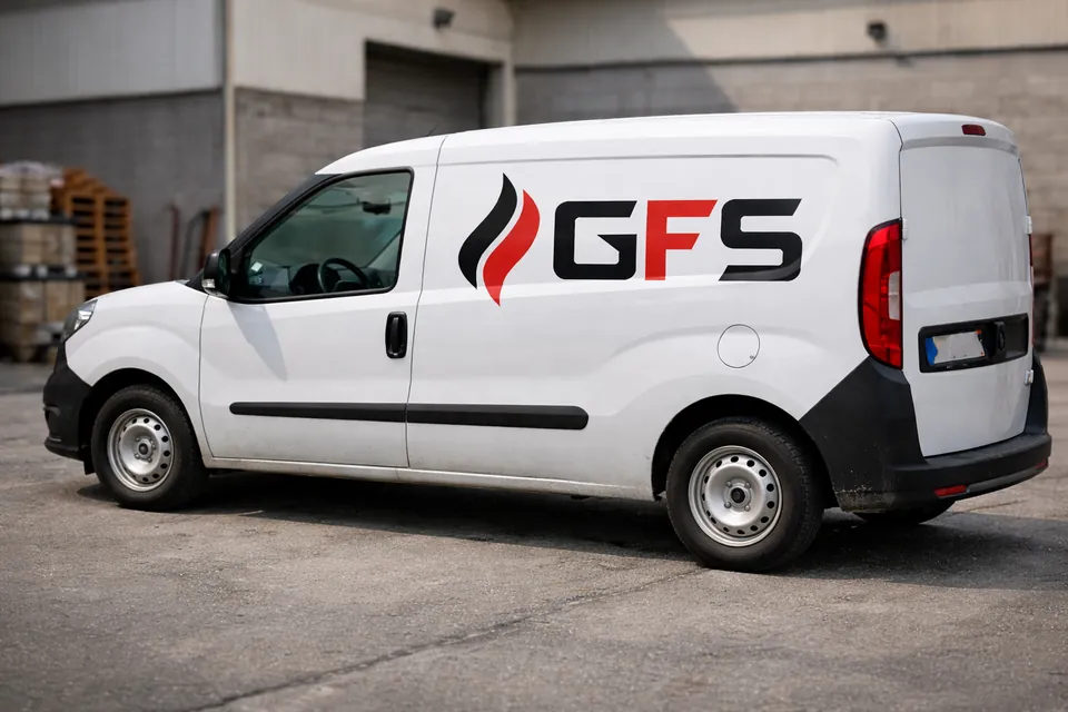 Mockup del logo GFS su un furgone bianco