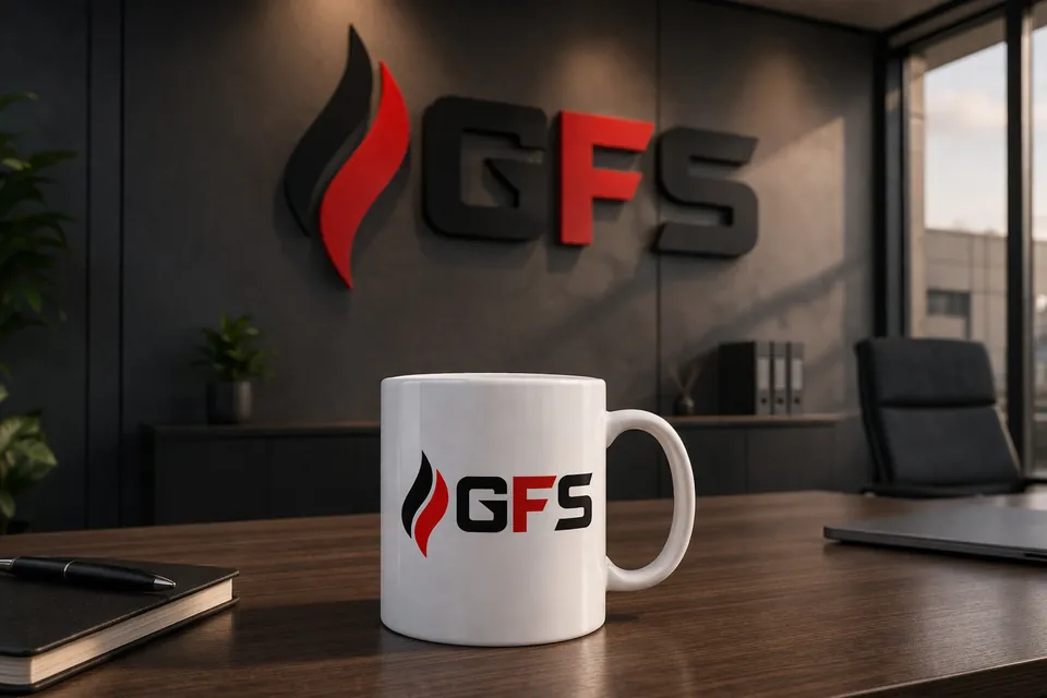 Mockup del logo GFS in un ufficio, con tazza