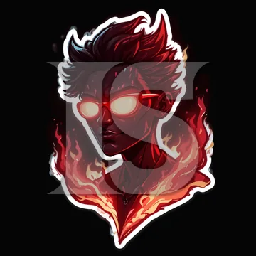 Sticker di un personaggio con occhi rossi e fiamme